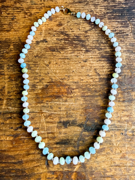 Pastel Pink Morganite, Aquamarine and Beryl Rondelle Beaded Necklace