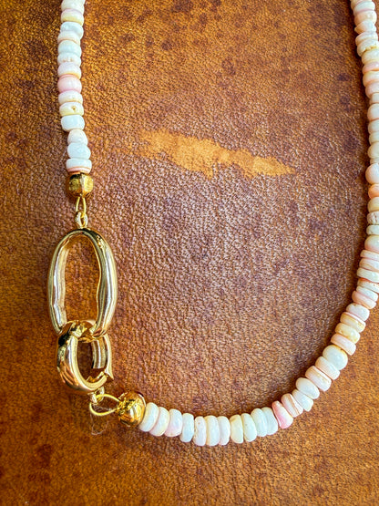 Pink Mother of Pearl Beaded Necklace- Gold Charm Holder Clasp