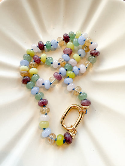 Multicolor Agate Beaded Necklace — Hand Knotted Silk Cord with Gold Charm Holder Clasp