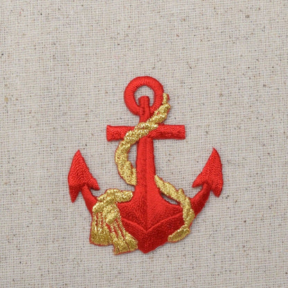 Red/Gold - Nautical Anchor - with Rope - Iron on Patch