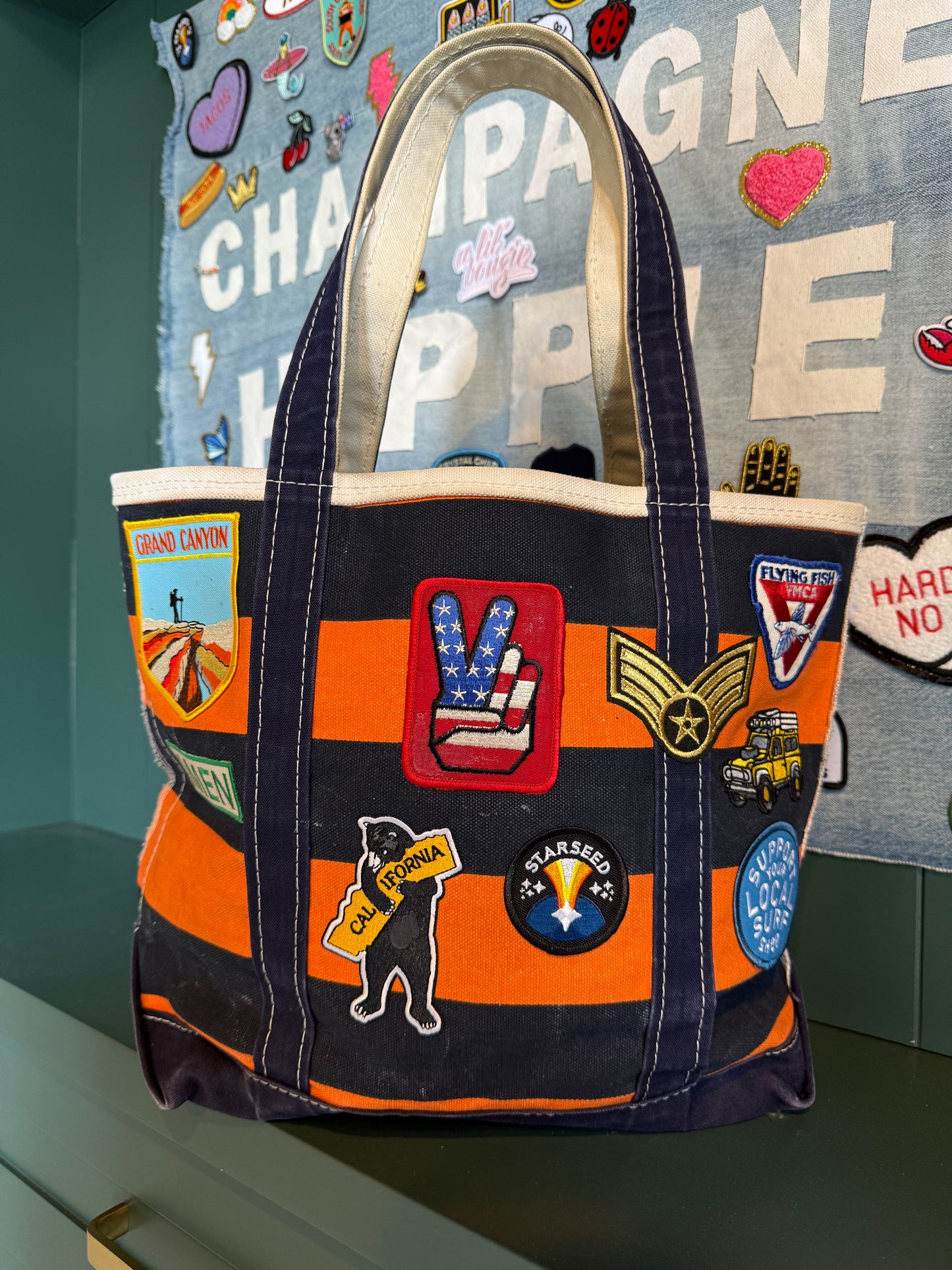 The Wrangler Vintage LL Bean Boat & Tote Medium Orange and Navy Rugby Stripes