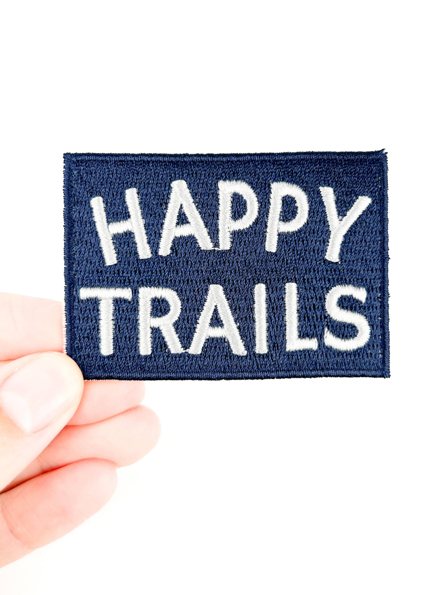 Happy Trails Embroidered Iron-On Patch in Navy & White