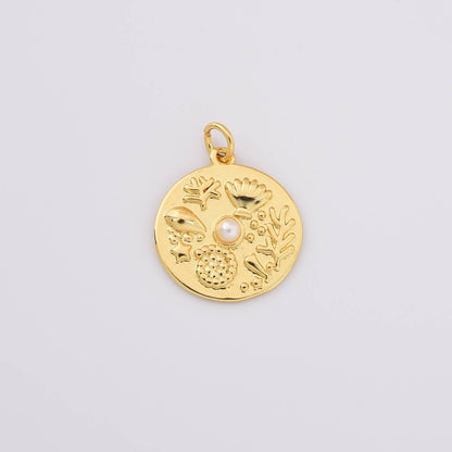 Coastal Medallion Charm with Freshwater Pearl- 18k Gold Filled