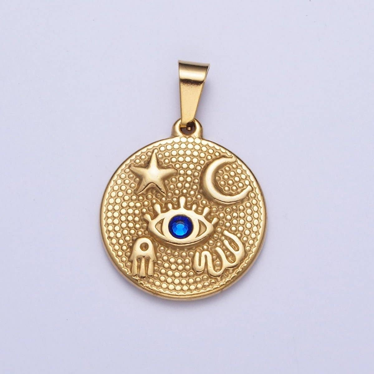 The Amulet Pendant- 24k Gold Filled Lucky Coin with Evil Eye, Moon, Star & Hamsa