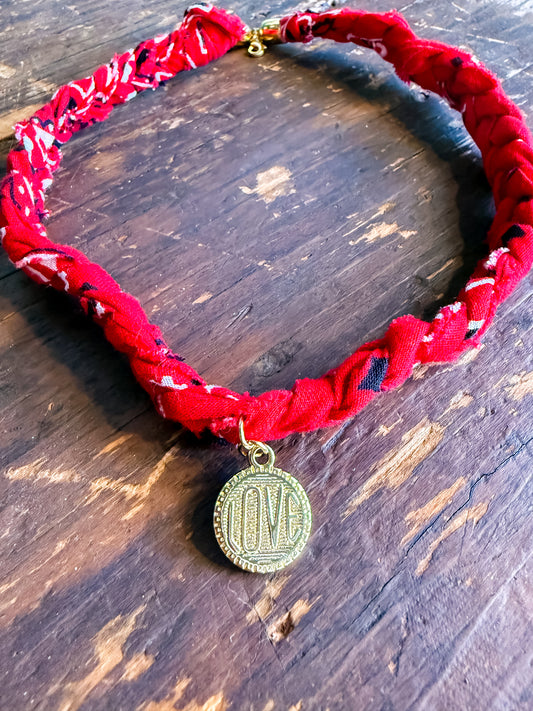 Braided Bandana Charm Necklace with LOVE Medallion