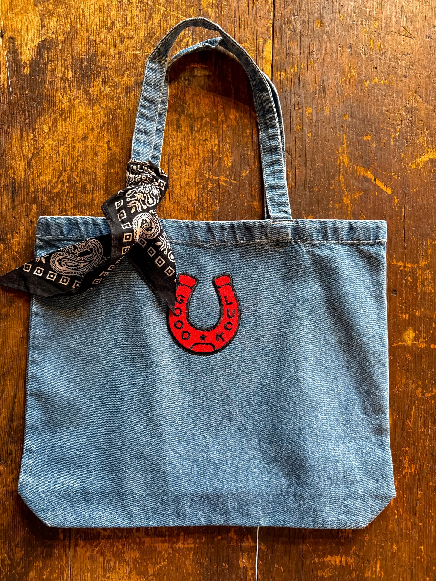 Red Horseshoe Denim Tote Bag