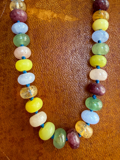 Multicolor Agate Beaded Necklace — Hand Knotted Silk Cord with Gold Charm Holder Clasp