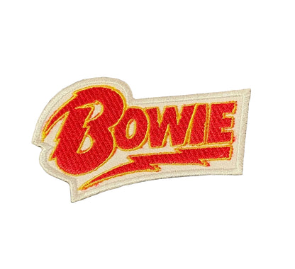 Embroidered patch with 'Bowie' in red and yellow on a black background