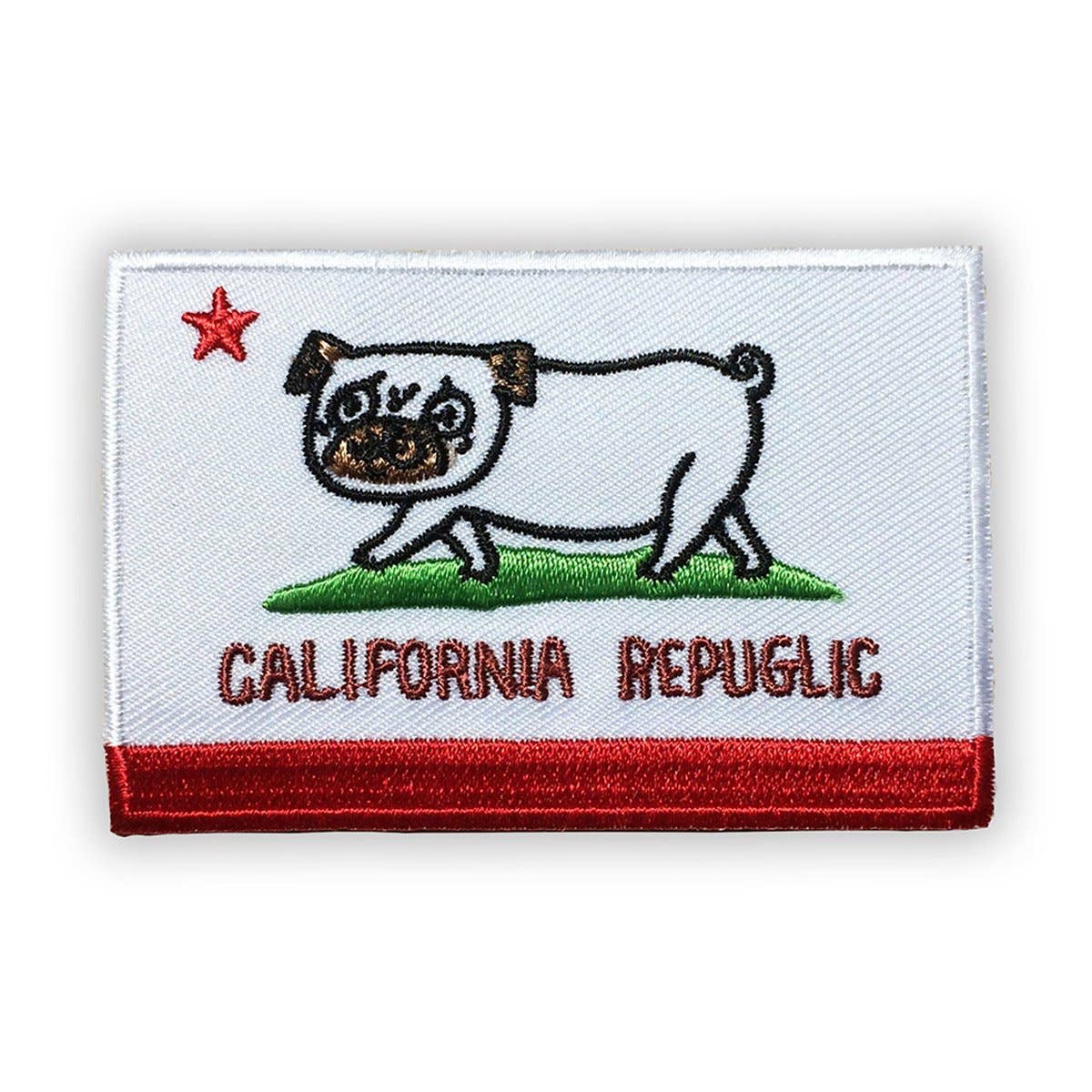 An embroidered California Republic flag patch featuring a pug walking on green grass with a red star, red text reading 'CALIFORNIA REPUBLIC,' and a red stripe along the bottom on a white background.
