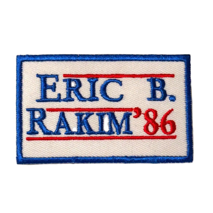 Embroidered patch with 'ERIC B. RAKIM'86' on a white background