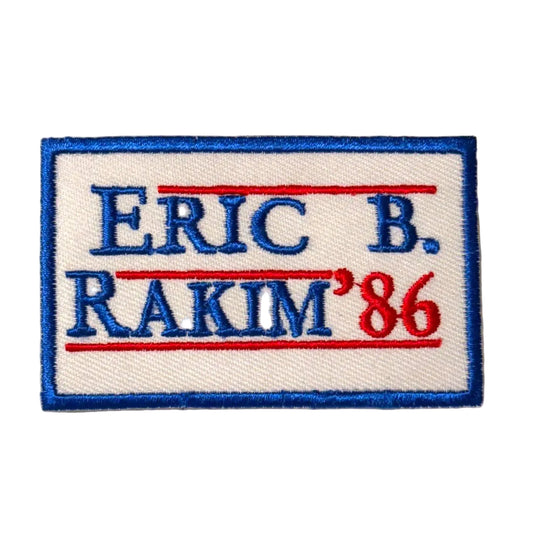 Embroidered patch with 'ERIC B. RAKIM'86' on a white background