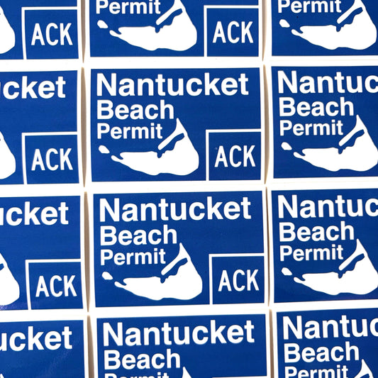A close-up grid of identical blue and white Nantucket Beach Permit stickers, each showing the island silhouette and the text 'Nantucket Beach Permit' with 'ACK' in a blue box.