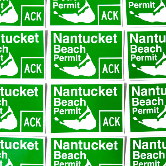A grid of identical green rectangular stickers reading 'Nantucket Beach Permit' with a white map outline and 'ACK' in a box, shown on a white background.