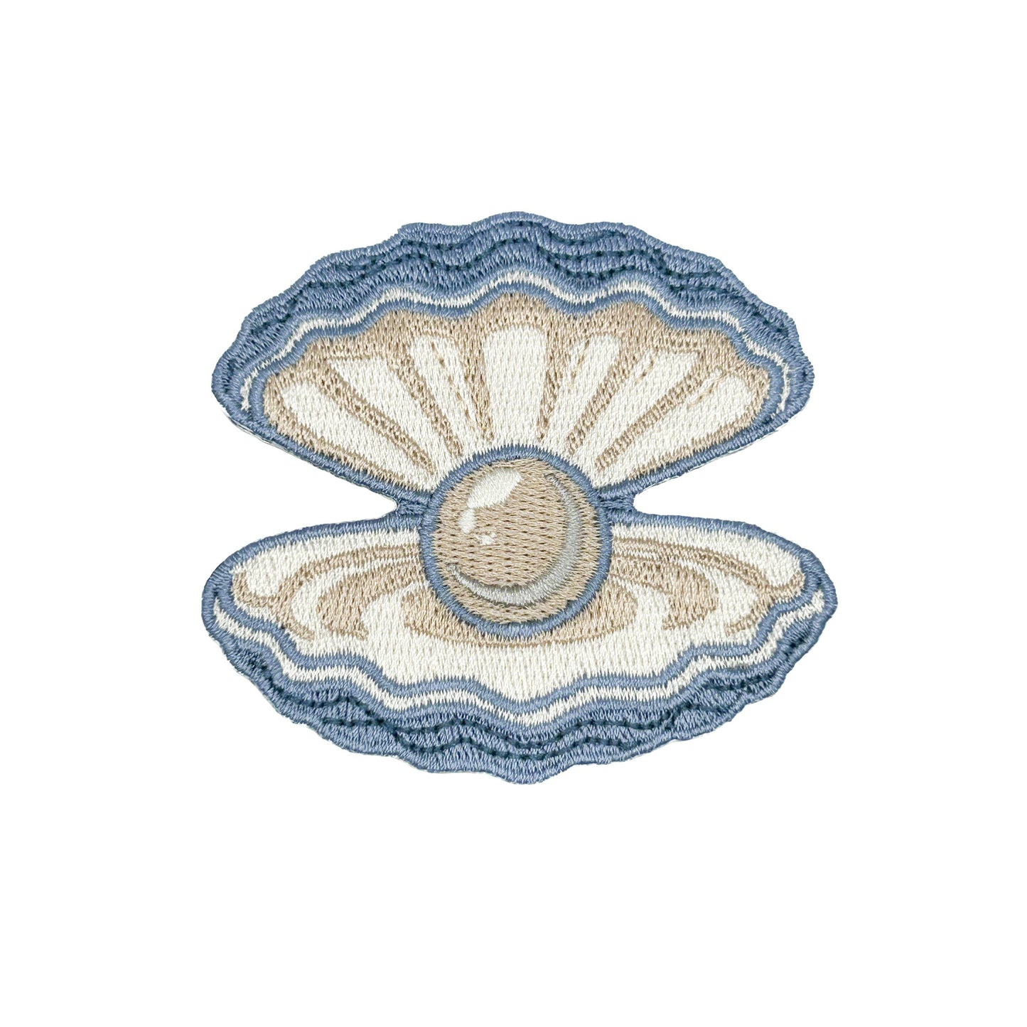 Embroidered design of an open shell with a pearl on a white background