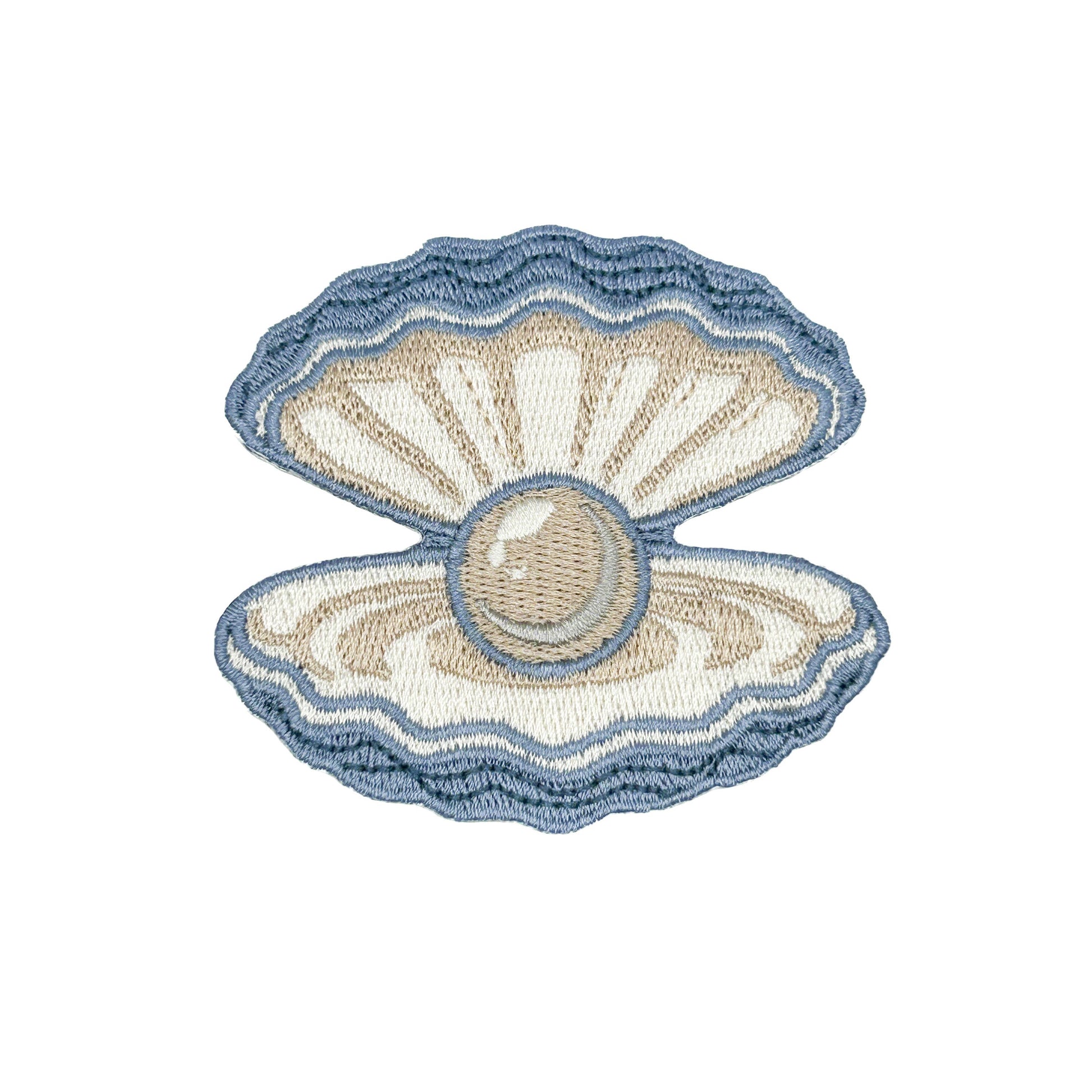 Embroidered design of an open shell with a pearl on a white background