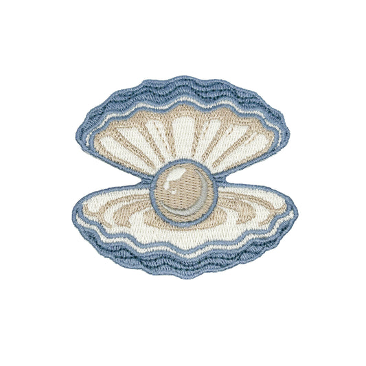 Embroidered design of an open shell with a pearl on a white background