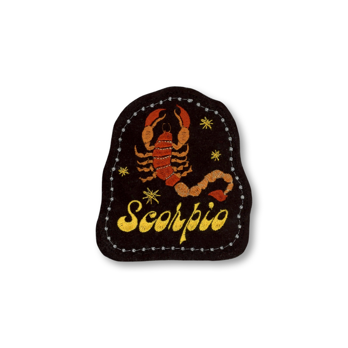 A black embroidered patch featuring a red and orange scorpion design with the word 'Scorpio' in yellow script, surrounded by small yellow stars and a dotted stitched border, shown on a plain white background.