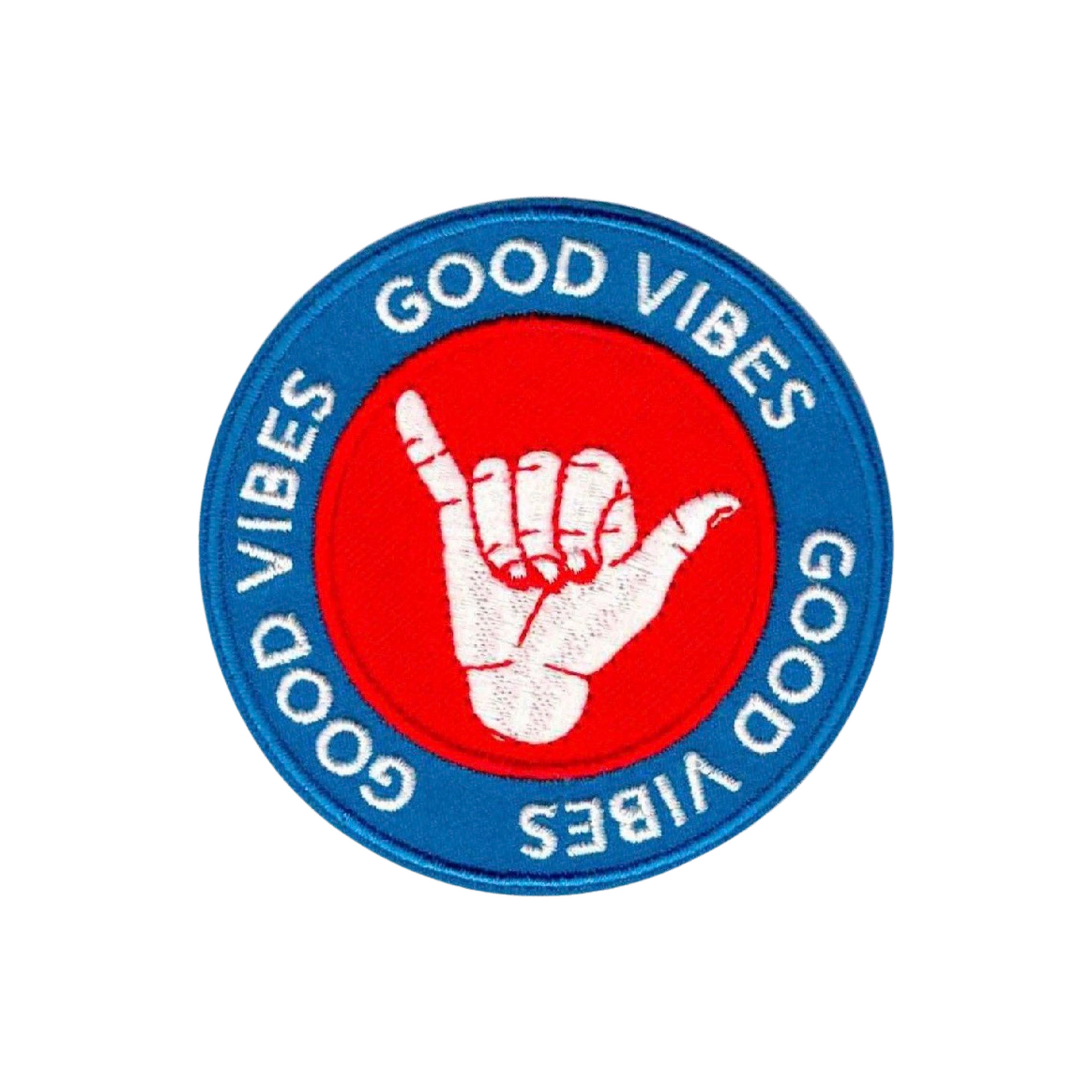 Good vibes round blue red and white hang loose patch on white background 