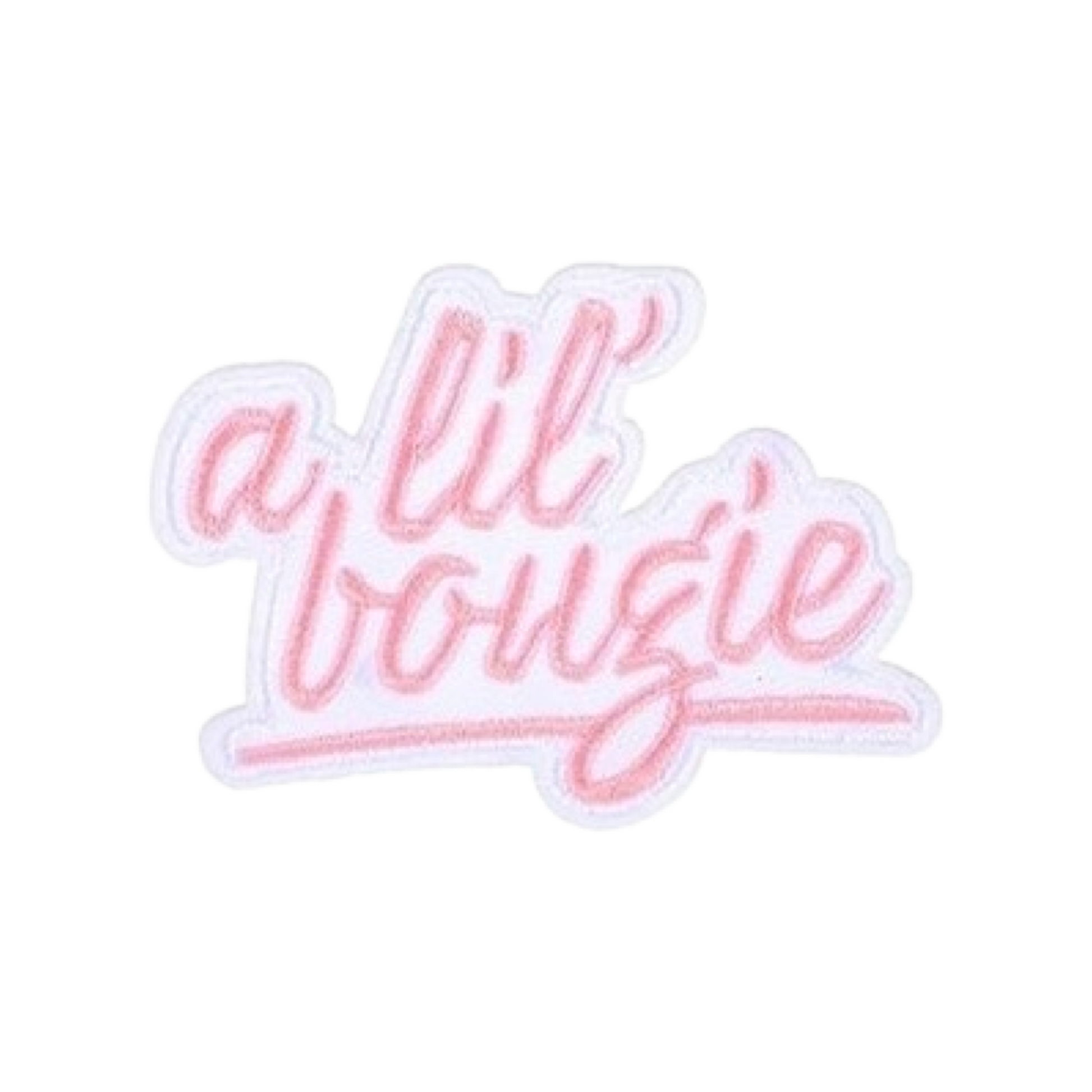 Patch with 'a lil bougie' text in pink on a white background