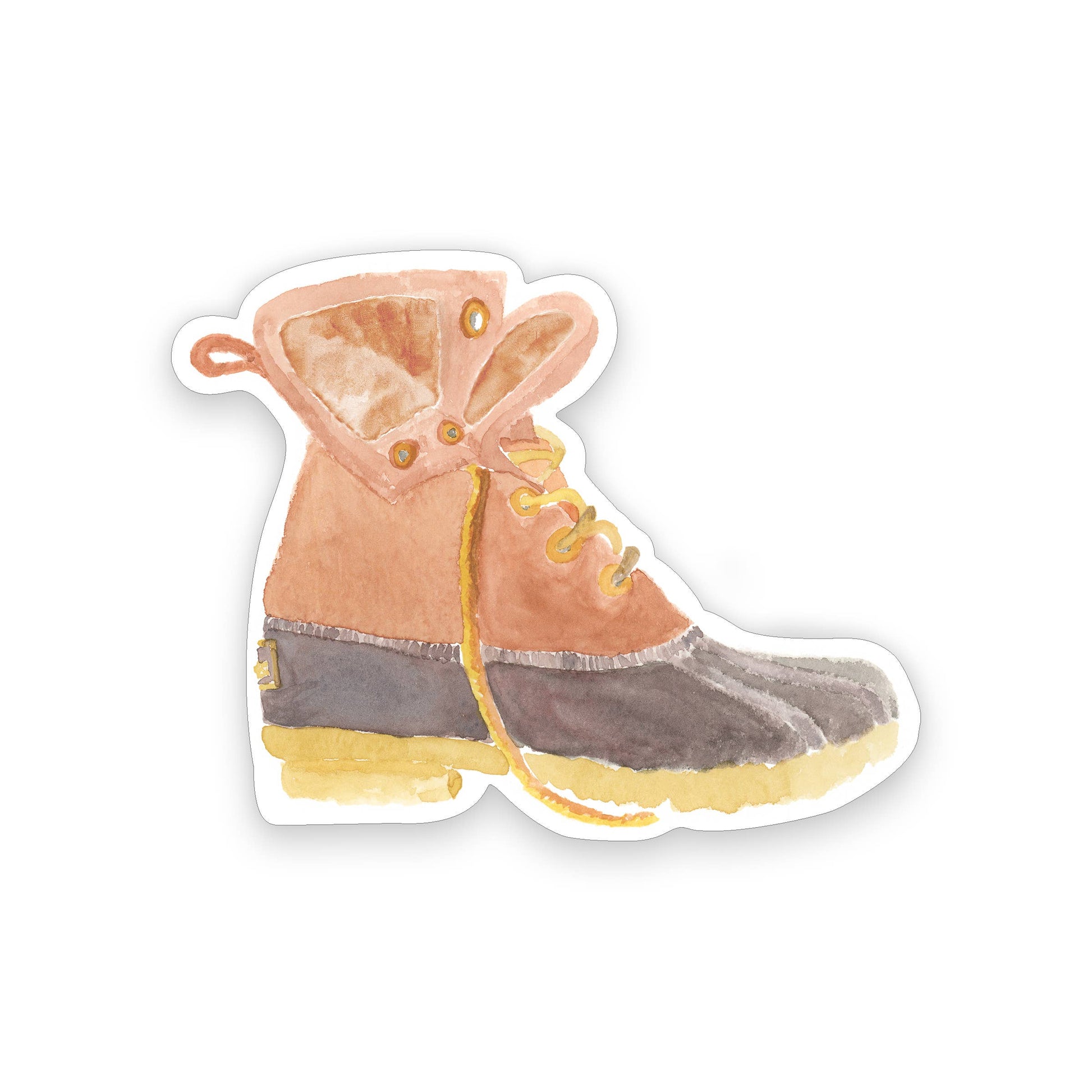 A die-cut sticker featuring a watercolor illustration of a high-top boot in warm tan, dark gray, and yellow tones, shown on a plain white background.