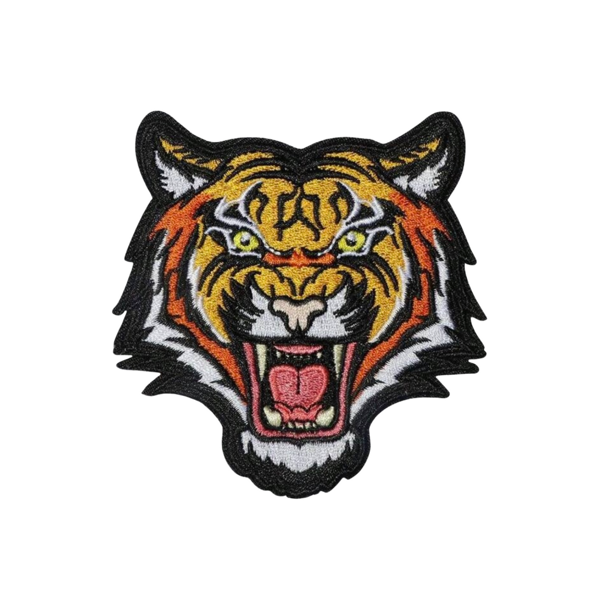 Embroidered patch of a tiger's head on a white background