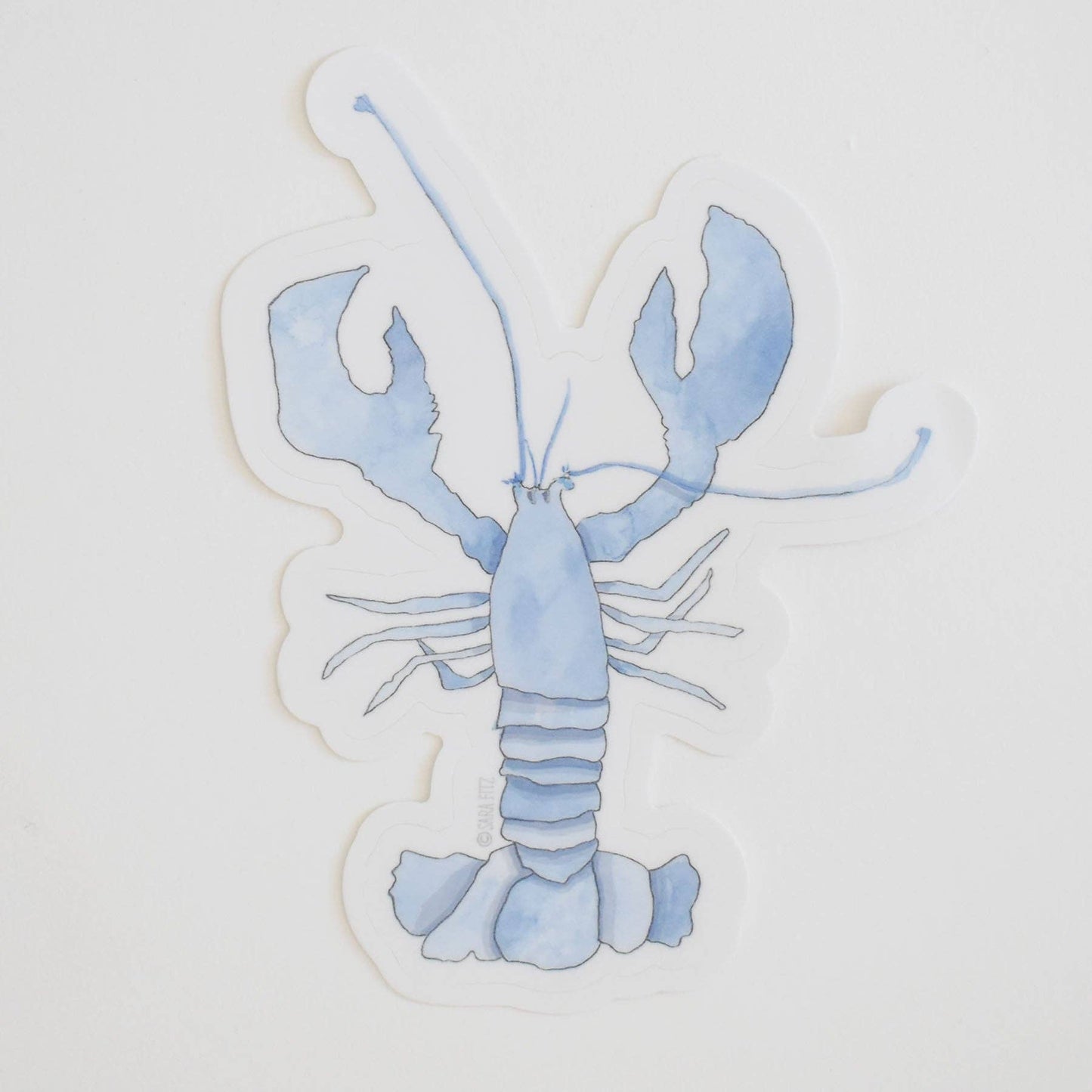 A die-cut vinyl sticker featuring a watercolor illustration of a light blue lobster on a white background.