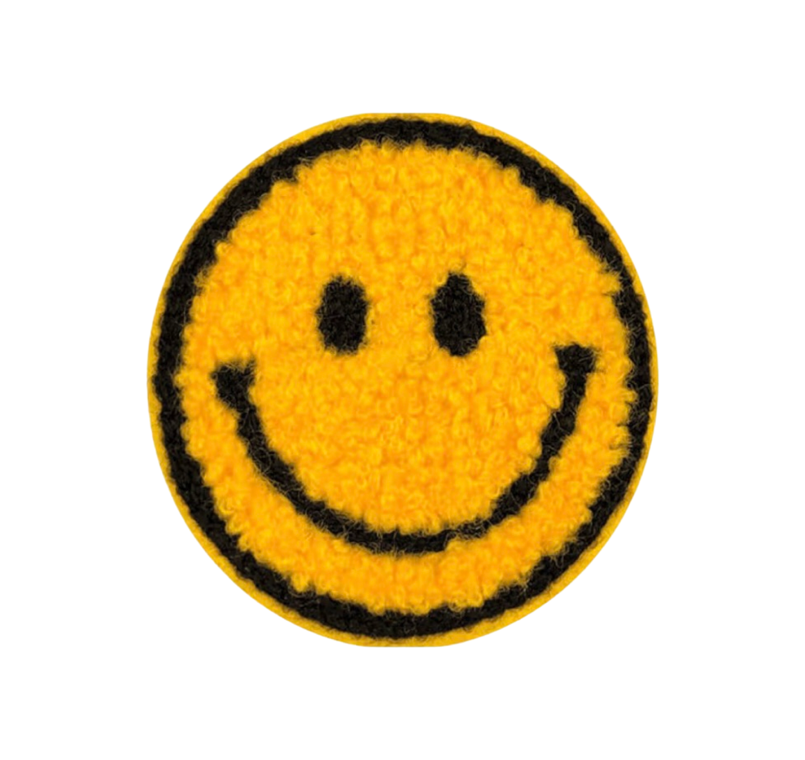 Round yellow patch with a smiley face design on a white background