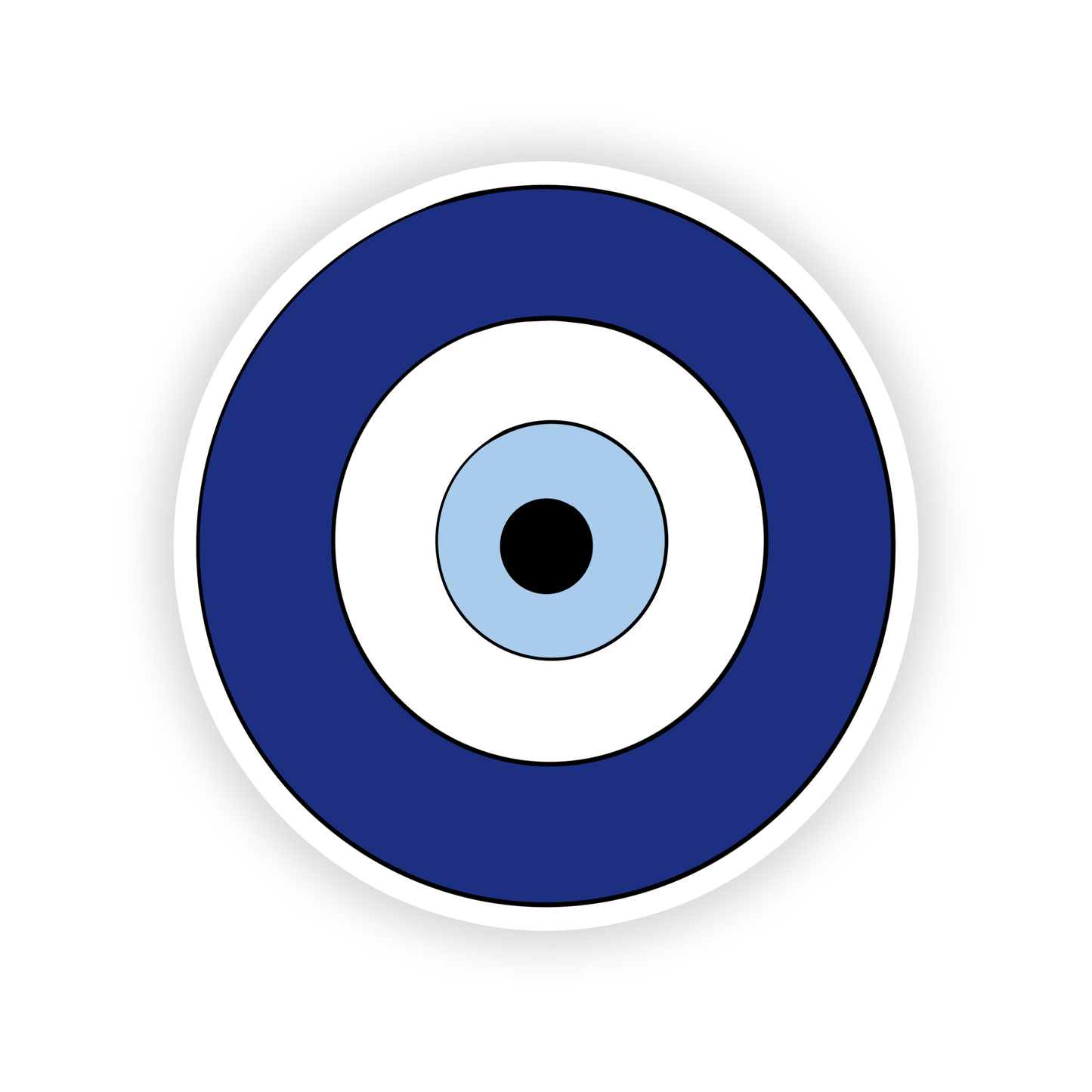 A circular blue and white evil eye target design with a light blue ring, white concentric band, and a small black center, shown on a plain white background.