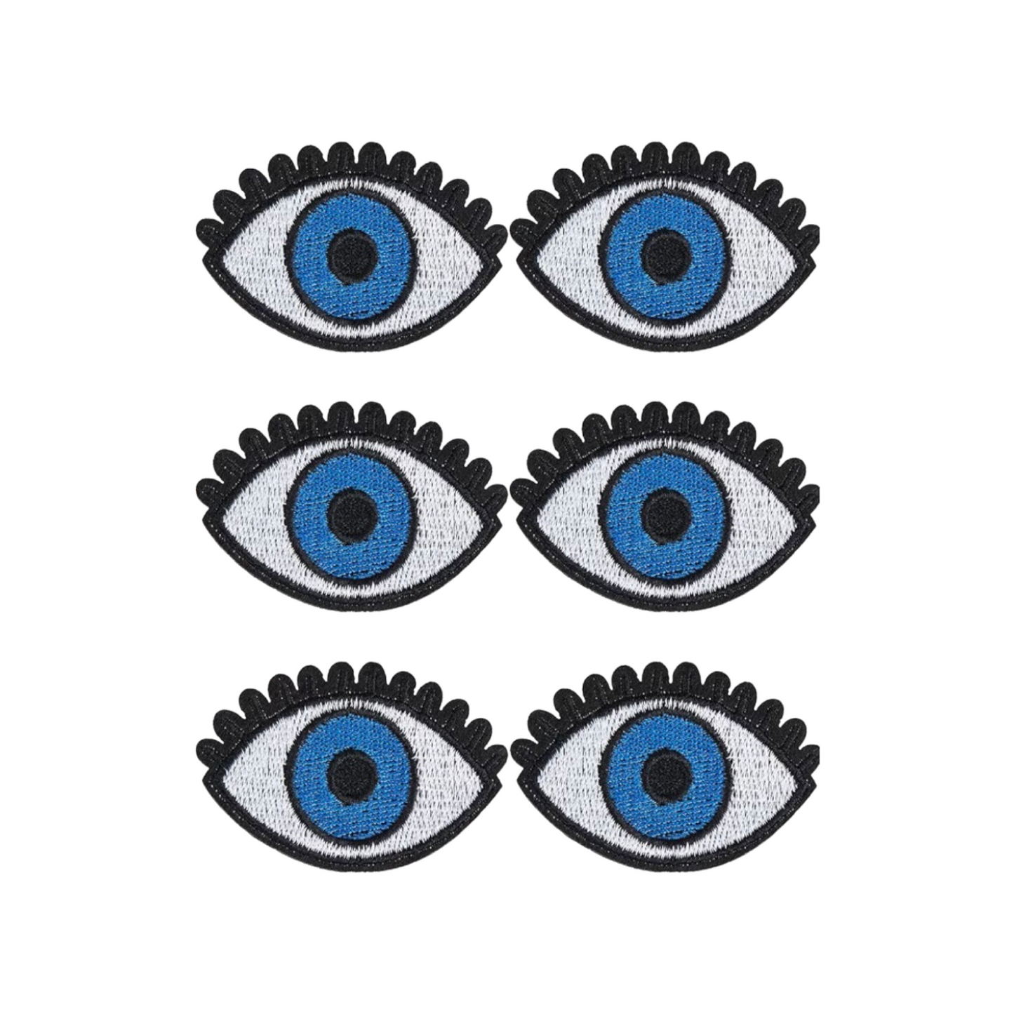 Six eye-shaped patches with blue and black details on a white background
