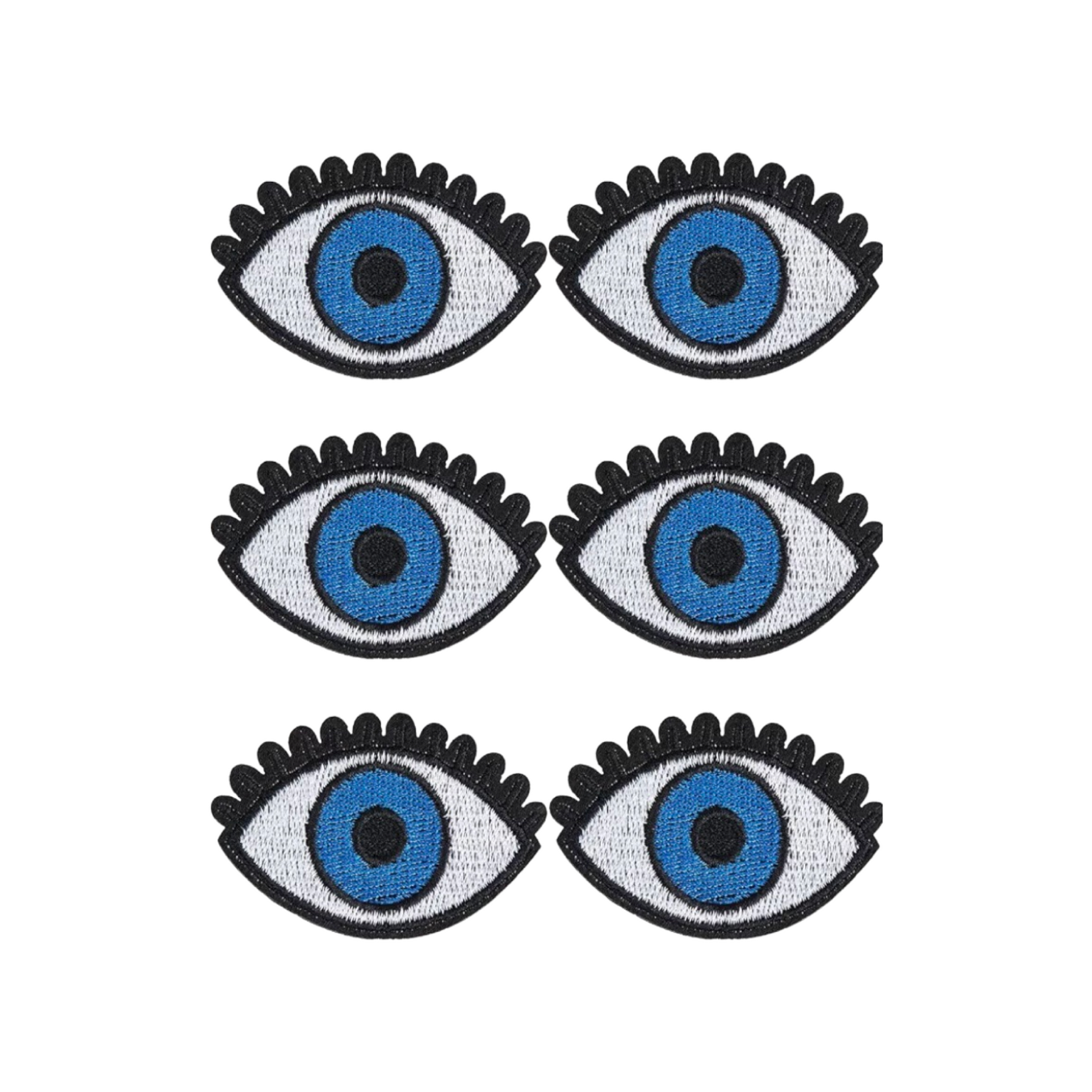 Six eye-shaped patches with blue and black details on a white background