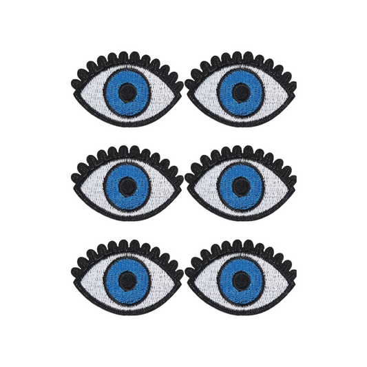 Six eye-shaped patches with blue and black details on a white background