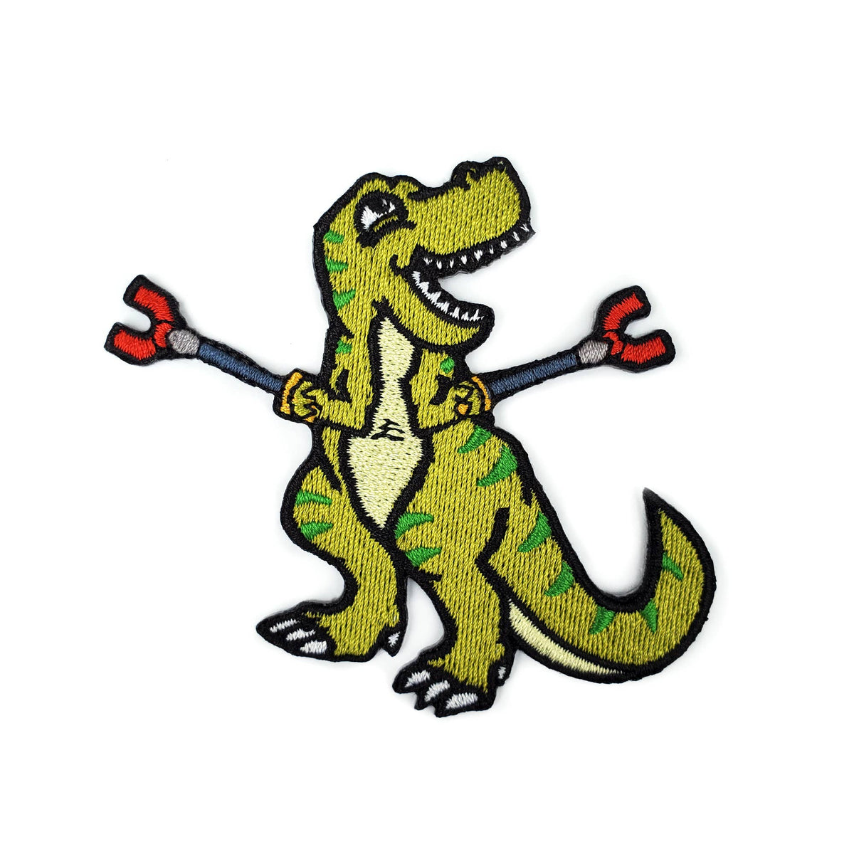 Green dinosaur holding a pitchfork on a white background