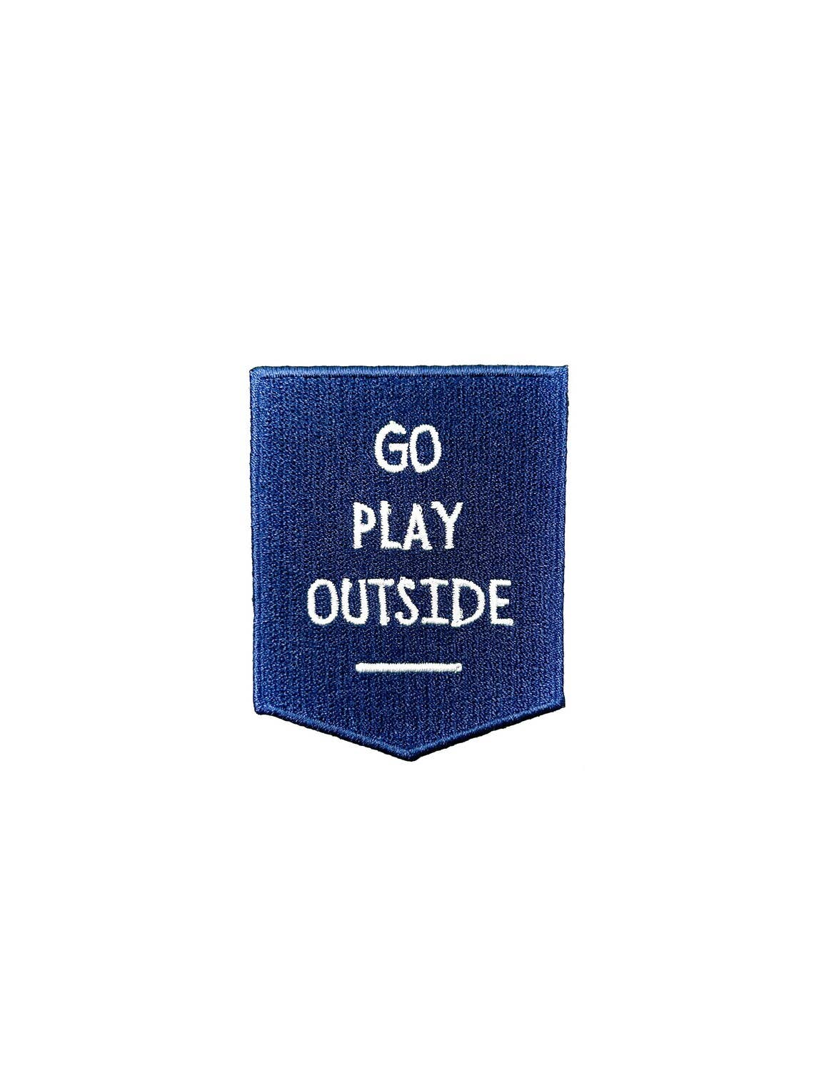 Blue denim patch with 'GO PLAY OUTSIDE' text on a white background