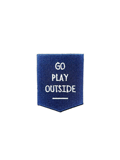 Blue denim patch with 'GO PLAY OUTSIDE' text on a white background