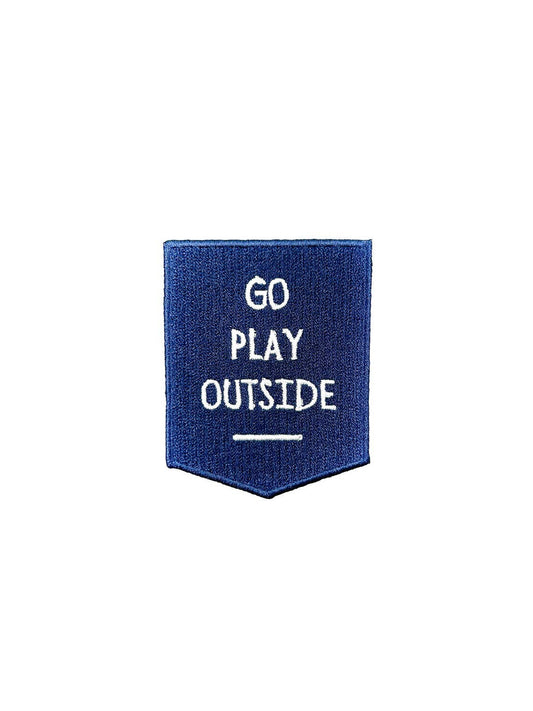 Blue denim patch with 'GO PLAY OUTSIDE' text on a white background