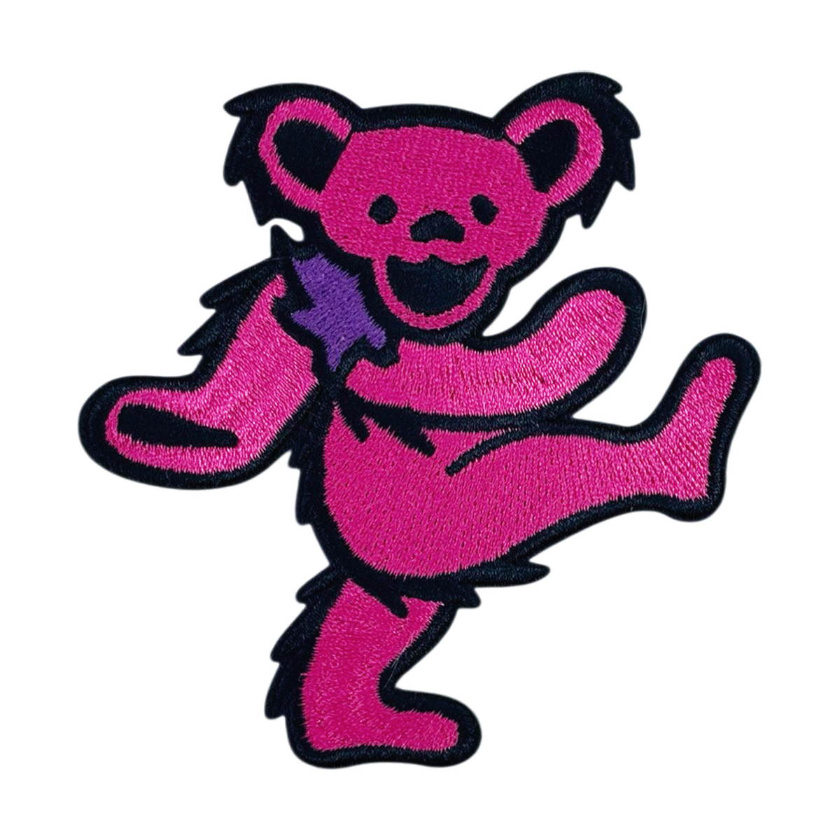 An embroidered patch of the iconic Grateful Dead dancing bear, featuring a bright pink body with black outlines and a purple bow tie, set against a plain white background.