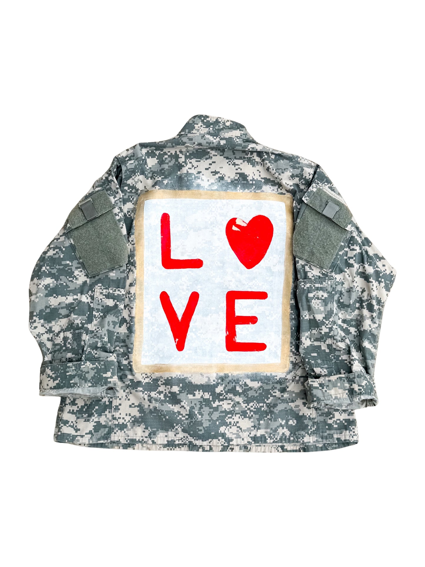 Camouflage jacket with 'LOVE' sign on a white background