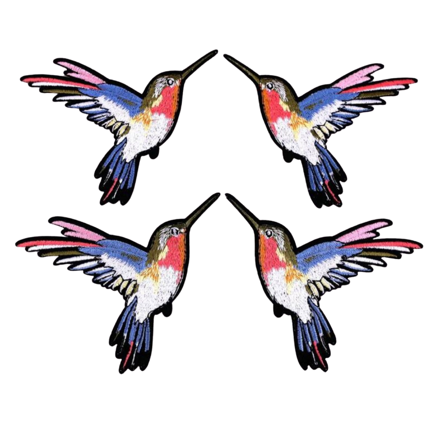 Four colorful hummingbird illustrations on a white background