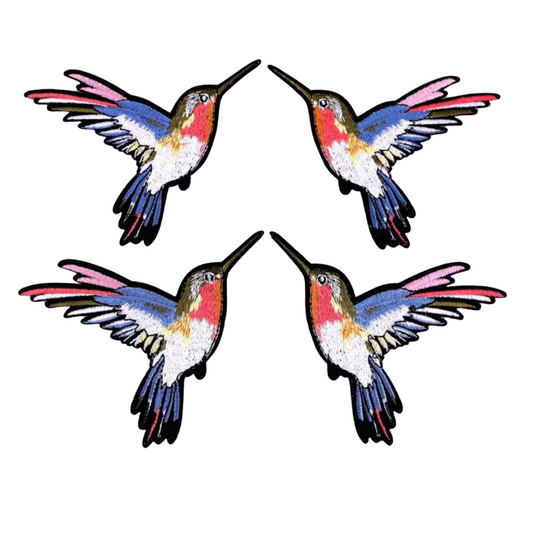 Four colorful hummingbird illustrations on a white background