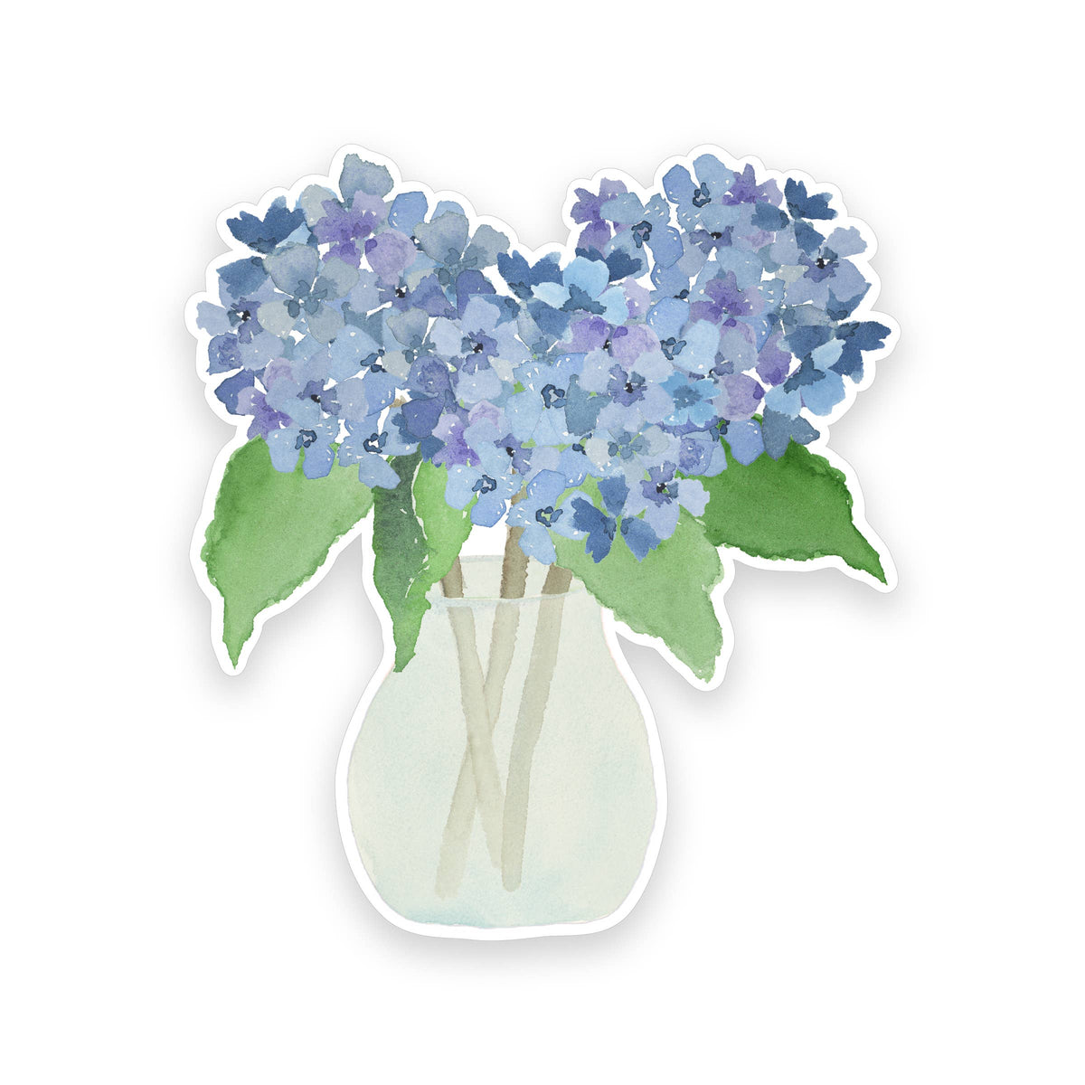 Sticker of blue hydrangeas in a clear vase on a white background