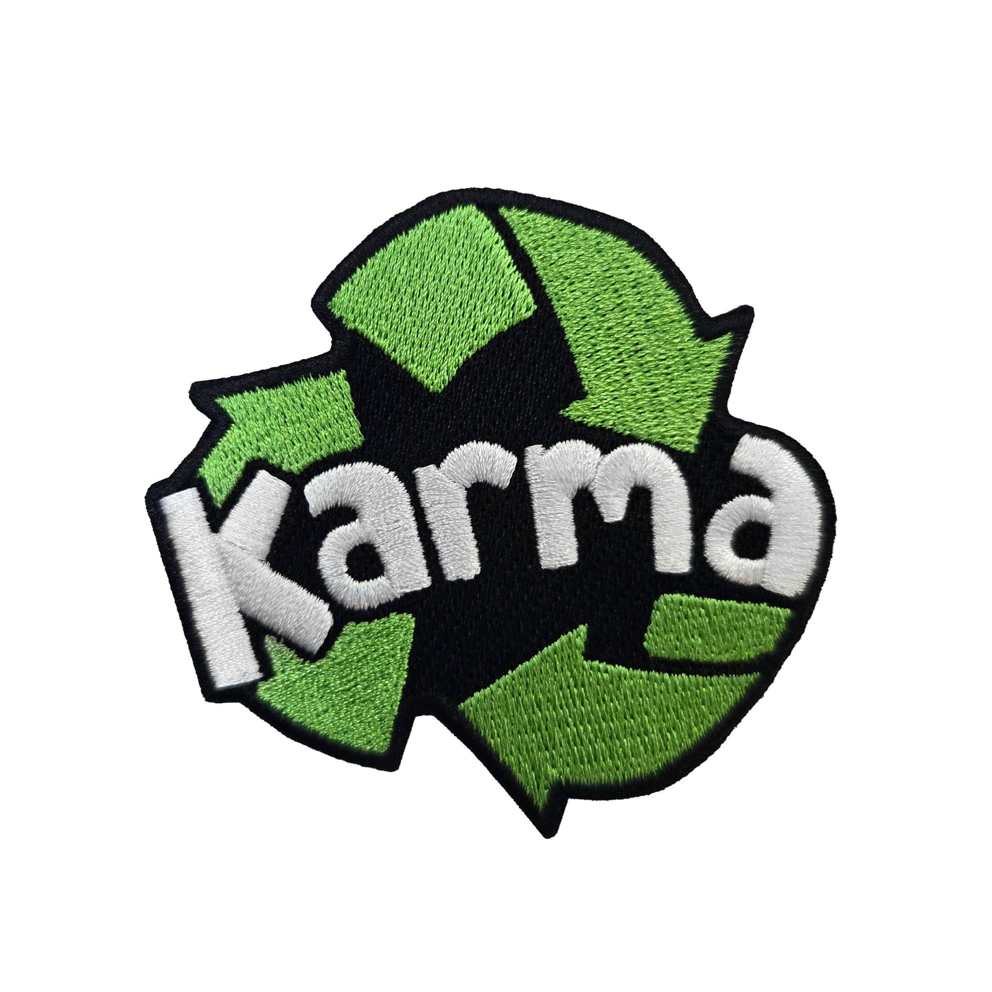 Patch with 'Karma' text and recycling symbol on a white background