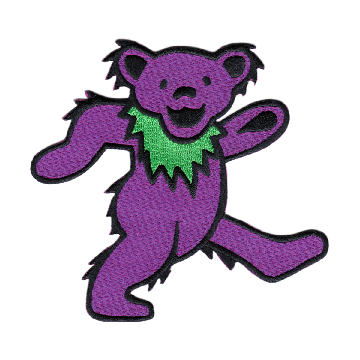 An embroidered patch of the Grateful Dead dancing bear, featuring a purple body, green collar, and black stitched outlines on a white background.