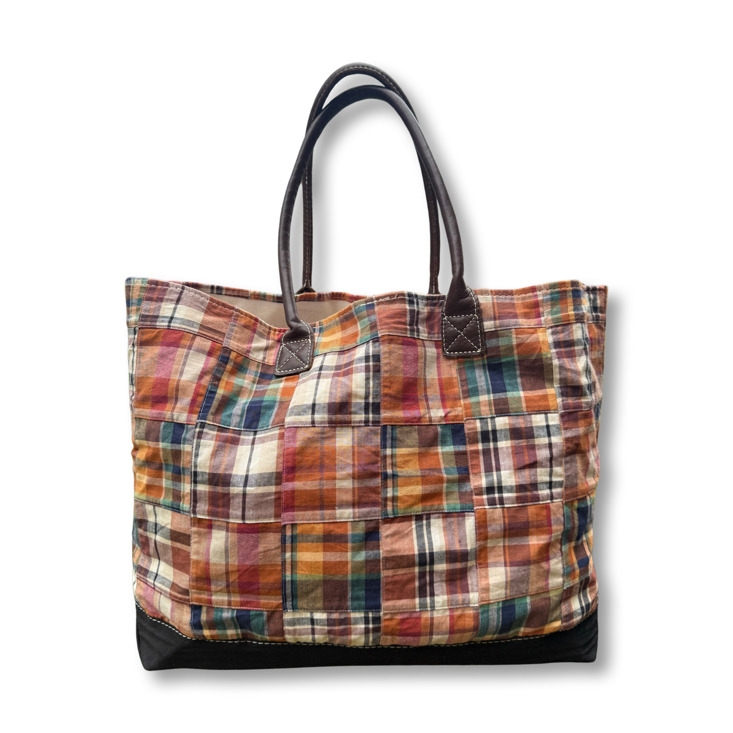 Madras Plaid patterned tote bag with brown handles on a white background