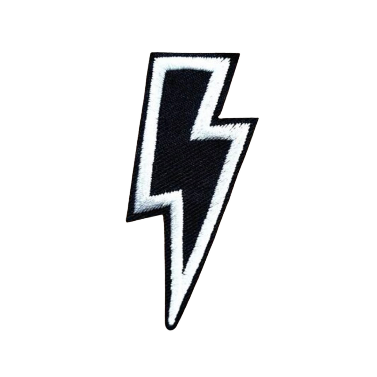 Black and white lightning bolt patch on a white background