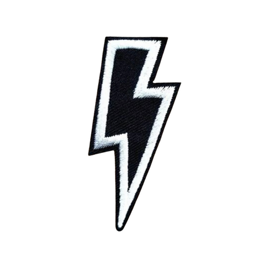 Black and white lightning bolt patch on a white background