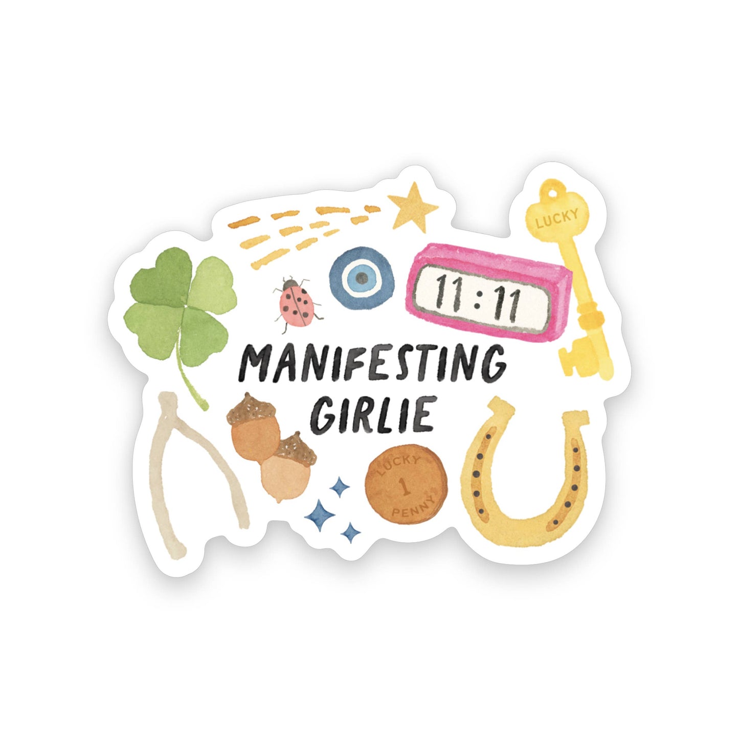 Sticker with various symbols and 'Manifesting Girlie' text on a white background