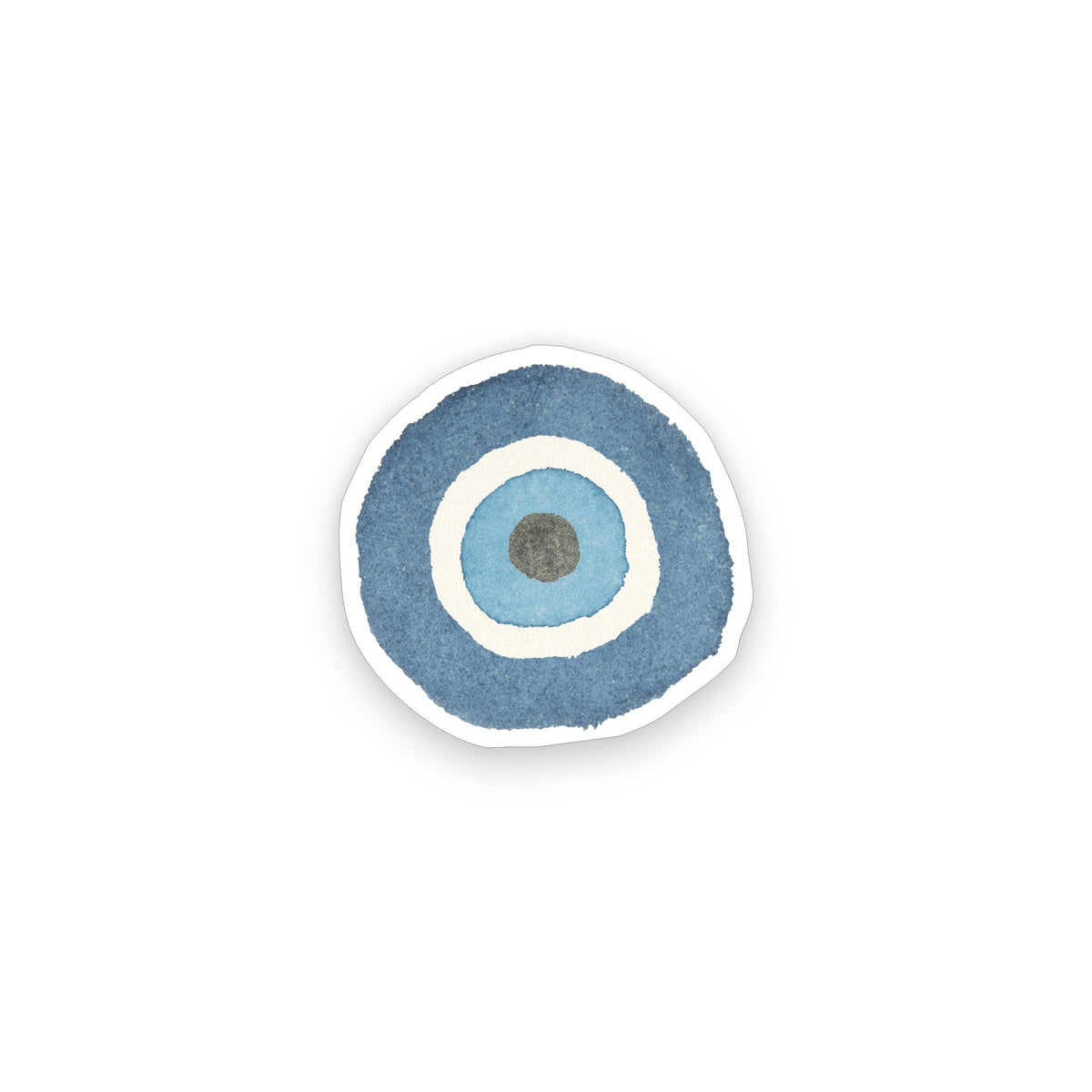 A circular sticker with a watercolor-style evil eye design in shades of blue, white, and a small gray center, shown on a plain white background.
