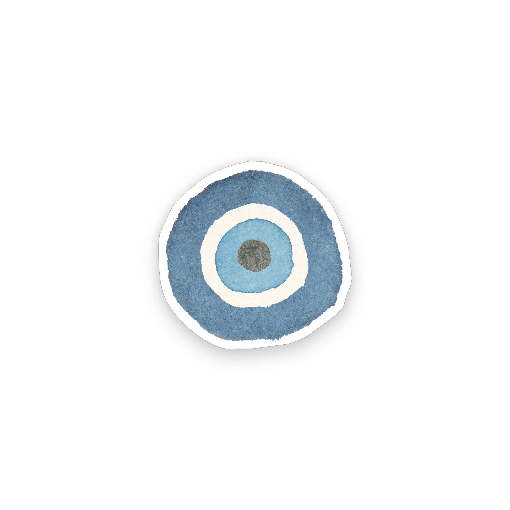 A circular sticker with a watercolor-style evil eye design in shades of blue, white, and a small gray center, shown on a plain white background.