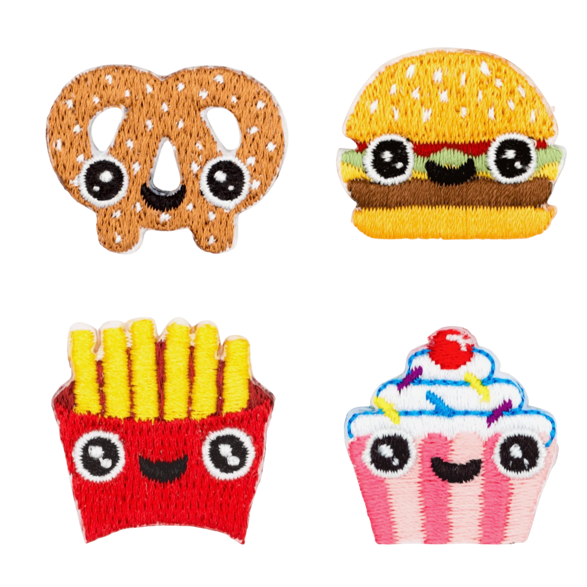 Set of four embroidered patches: pretzel, hamburger, french fries, and cupcake on a white background.