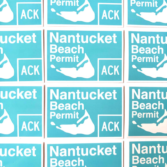 A close-up grid of identical rectangular stickers with a turquoise background, white text reading 'Nantucket Beach Permit' and 'ACK', and a white silhouette map graphic.
